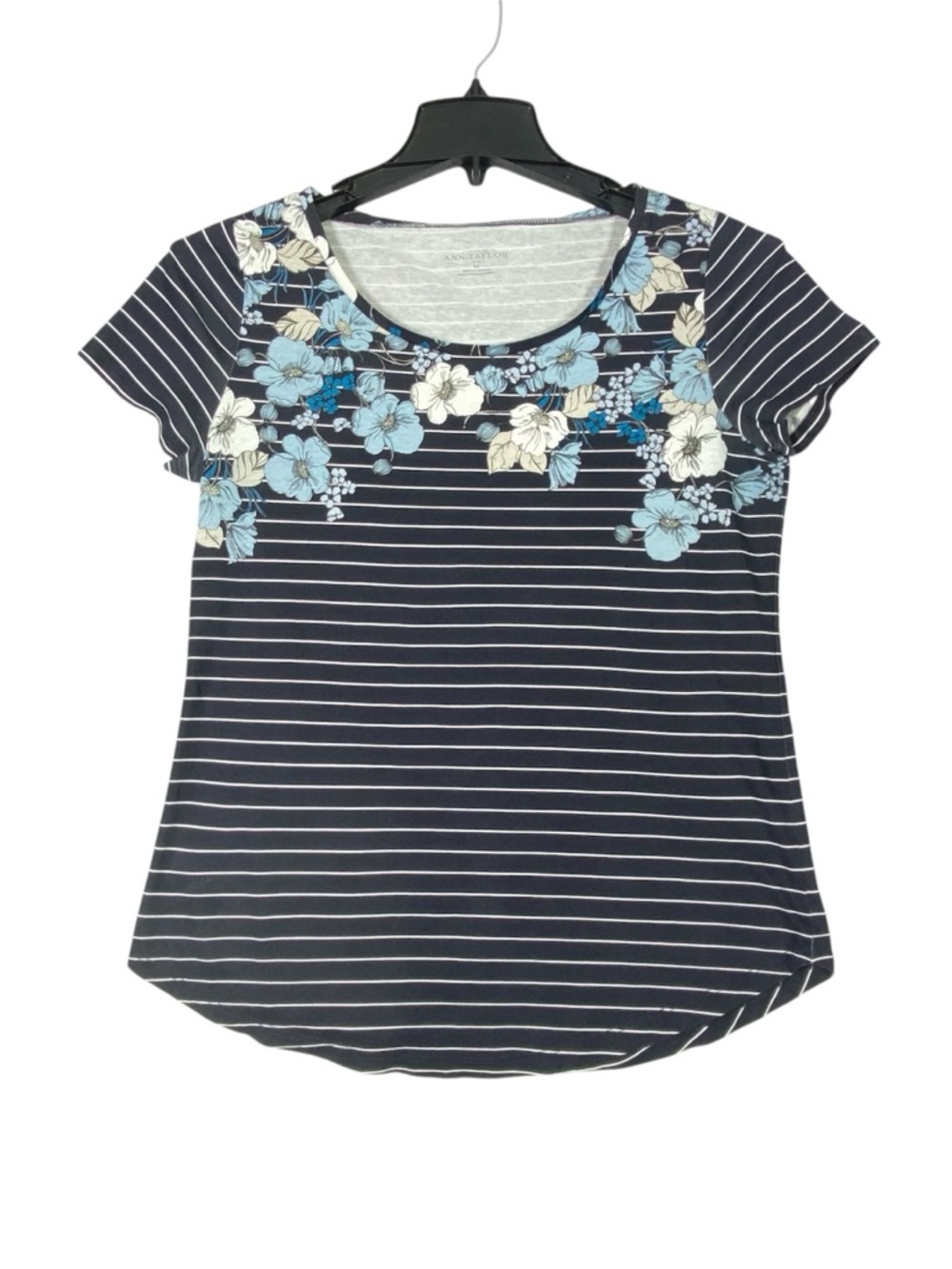 Ann Taylor Floral Stripe T-Shirt Women's M Navy Blue Short Sleeve Coastal Casual